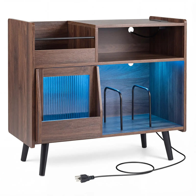Record Player Stand with LED Light and Power Outlets Large Turntable Stand with Sliding Door-Brown by DirectDeals