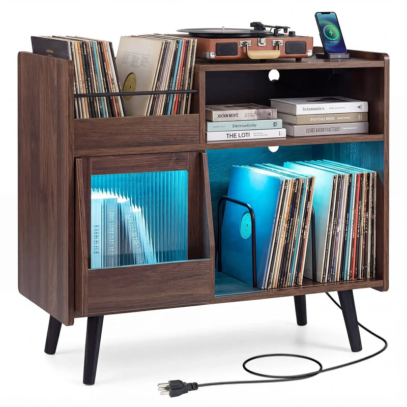 Record Player Stand with LED Light and Power Outlets Large Turntable Stand with Sliding Door-Brown by DirectDeals
