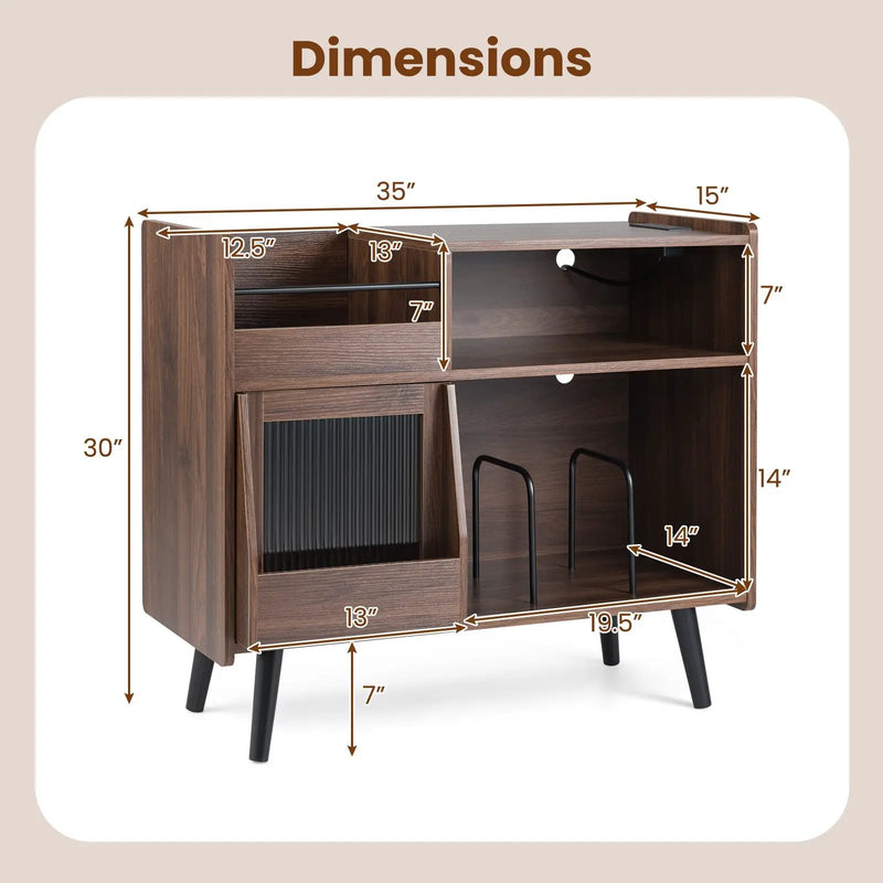 Record Player Stand with LED Light and Power Outlets Large Turntable Stand with Sliding Door-Brown by DirectDeals