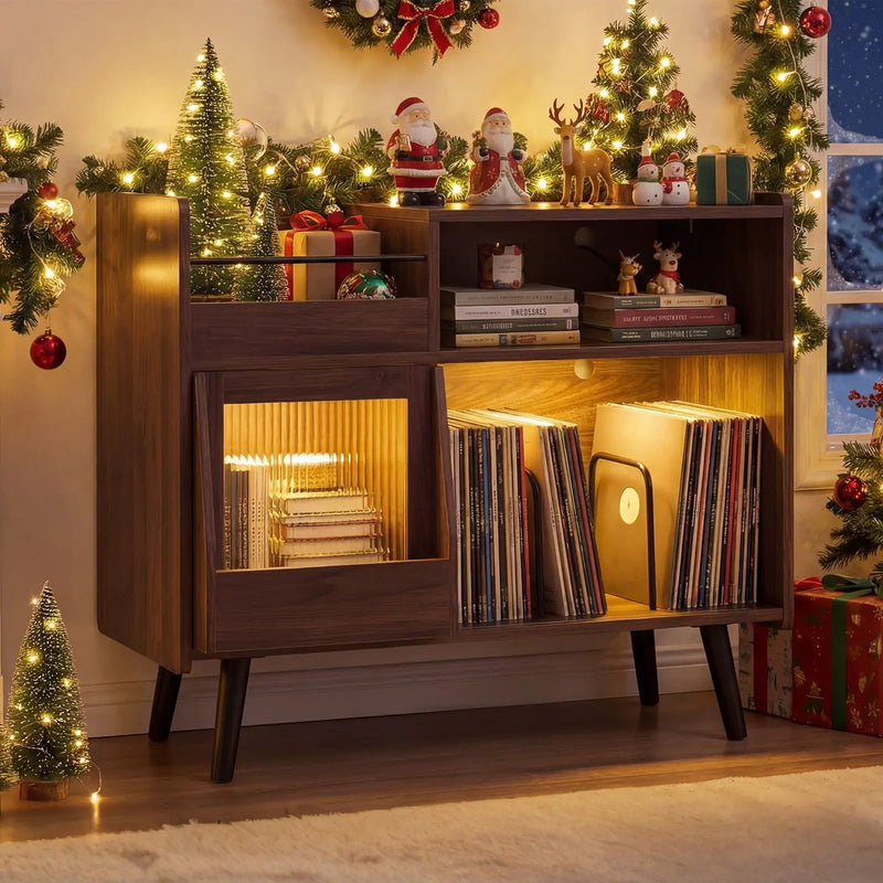 Record Player Stand with LED Light and Power Outlets Large Turntable Stand with Sliding Door-Brown by DirectDeals