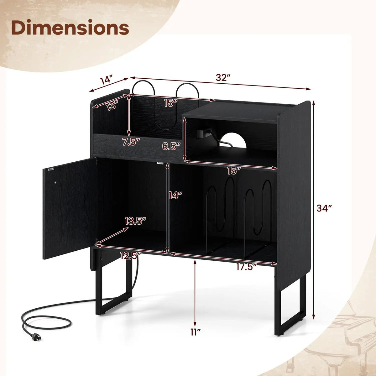 Record Player Stand with Power Outlets and Vinyl Storage Holder up to 250 Albums by DirectDeals