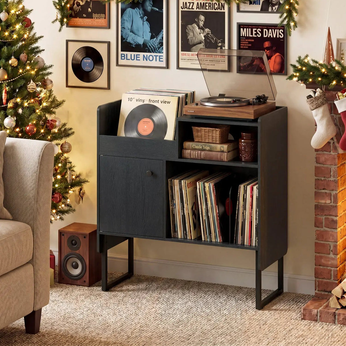 Record Player Stand with Power Outlets and Vinyl Storage Holder up to 250 Albums by DirectDeals
