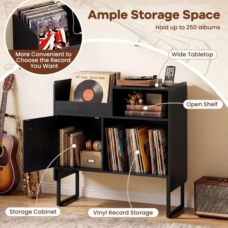Record Player Stand with Power Outlets and Vinyl Storage Holder up to 250 Albums by DirectDeals