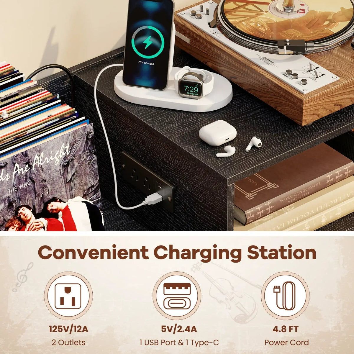 Record Player Stand with Power Outlets and Vinyl Storage Holder up to 250 Albums by DirectDeals