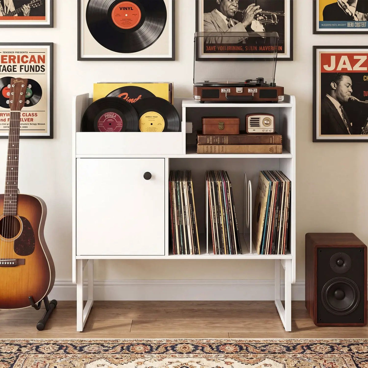 Record Player Stand with Power Outlets and Vinyl Storage Holder up to 250 Albums by DirectDeals