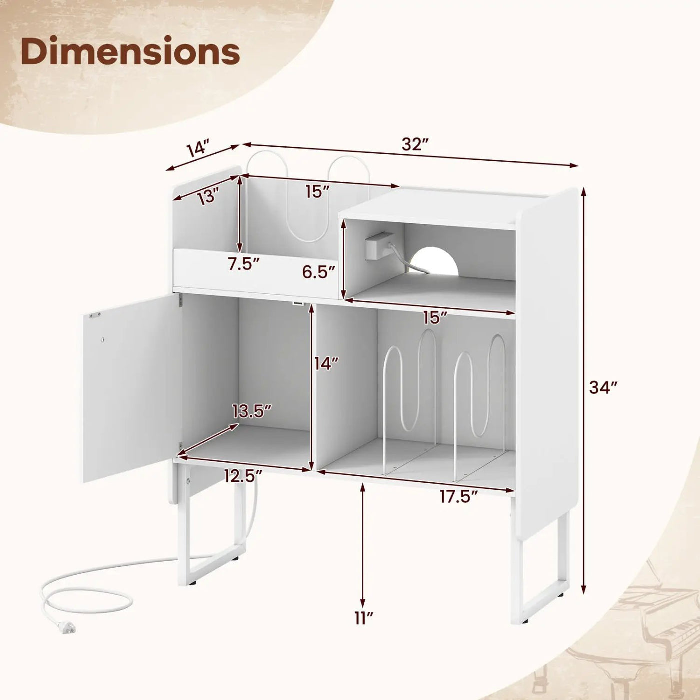 Record Player Stand with Power Outlets and Vinyl Storage Holder up to 250 Albums by DirectDeals