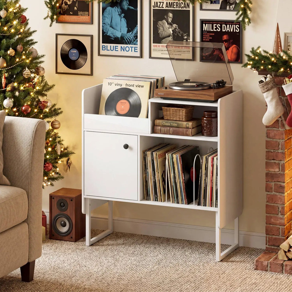 Record Player Stand with Power Outlets and Vinyl Storage Holder up to 250 Albums by DirectDeals