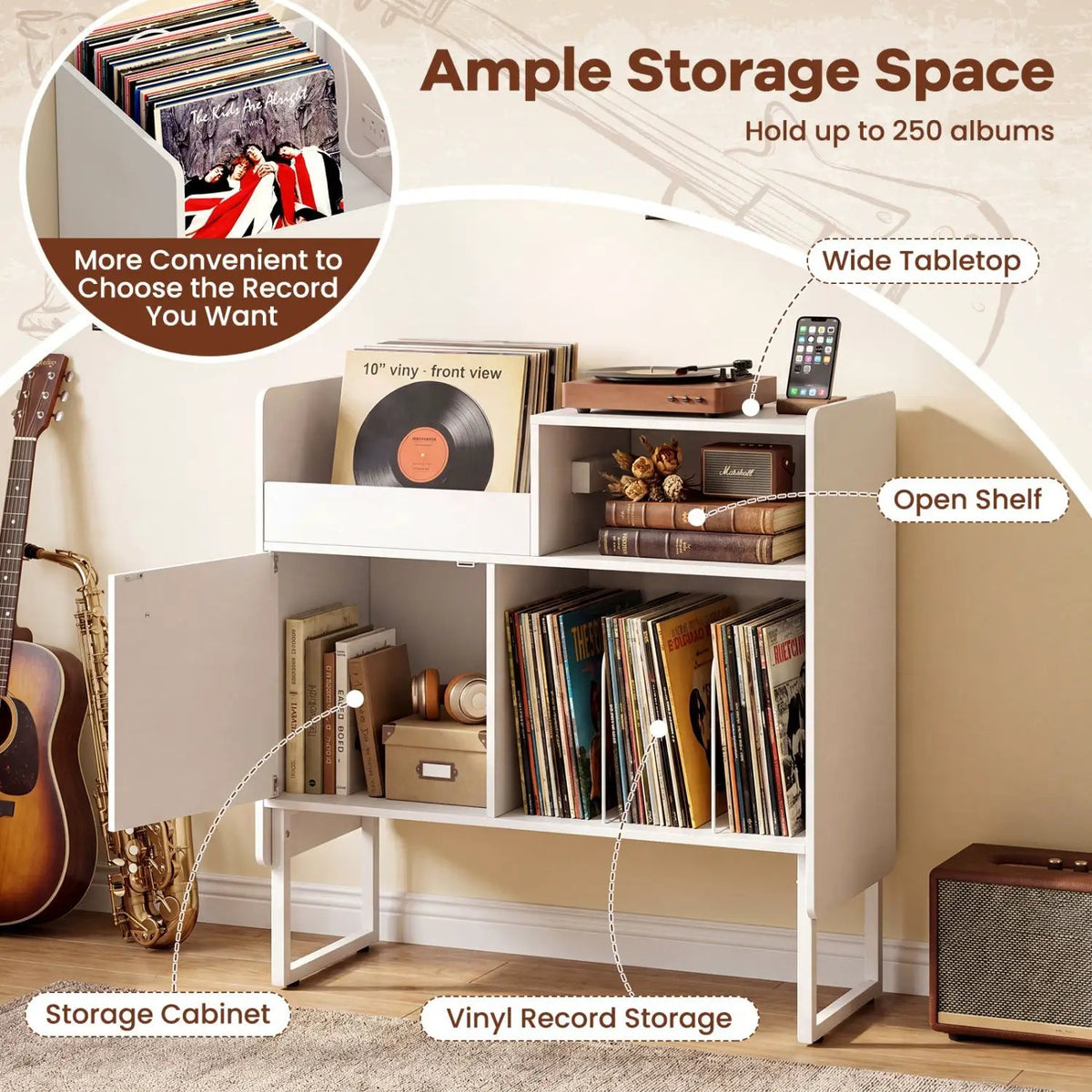 Record Player Stand with Power Outlets and Vinyl Storage Holder up to 250 Albums by DirectDeals
