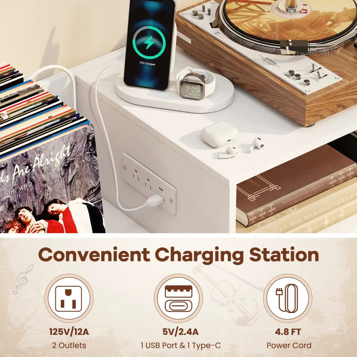 Record Player Stand with Power Outlets and Vinyl Storage Holder up to 250 Albums by DirectDeals