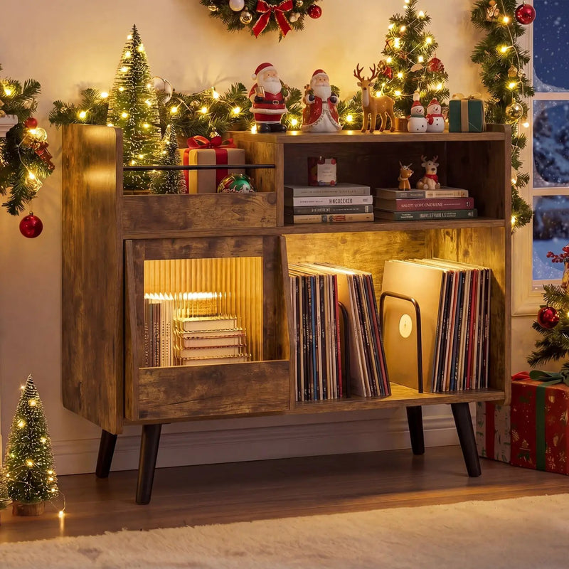 Record Player Stand with LED Light and Power Outlets by DirectDeals