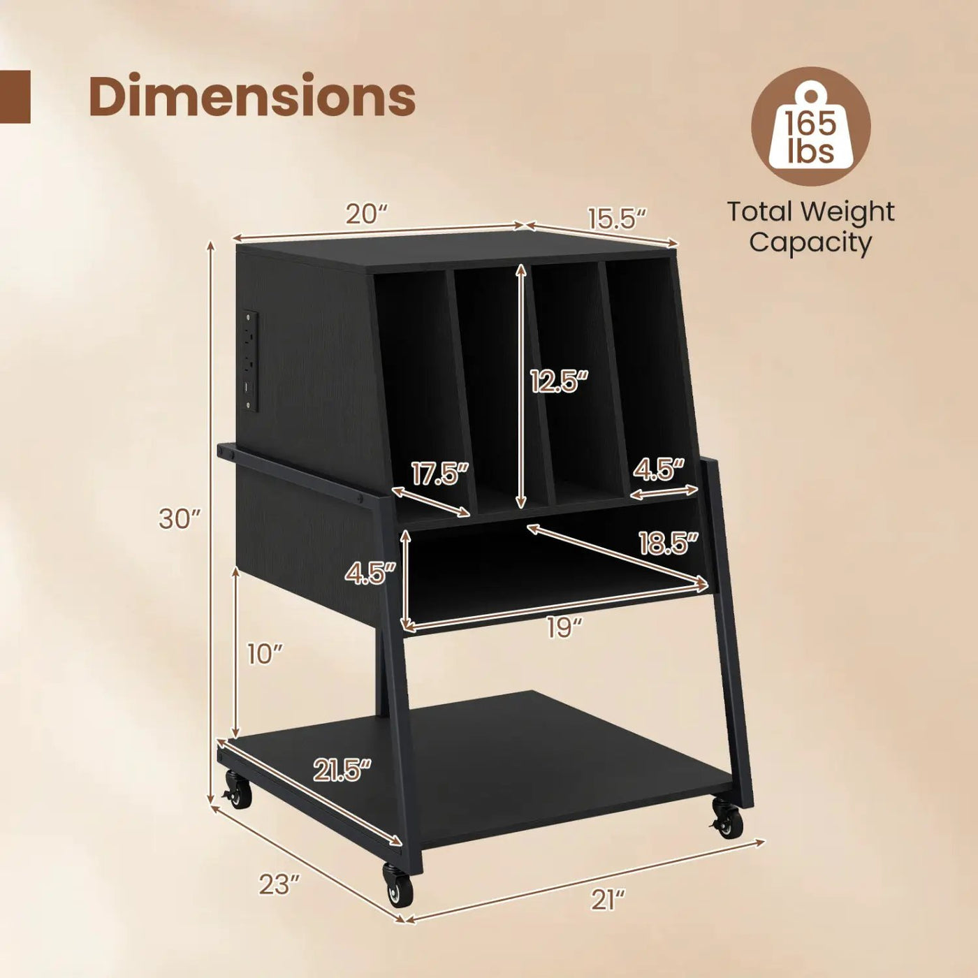 Record Player Stand on Wheels Rolling Turntable Stand with Power Outlets by DirectDeals