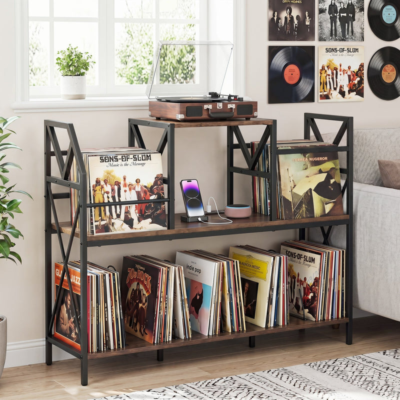 Record Player Stand with Power Outlets & Vinyl Storage by DirectDeals
