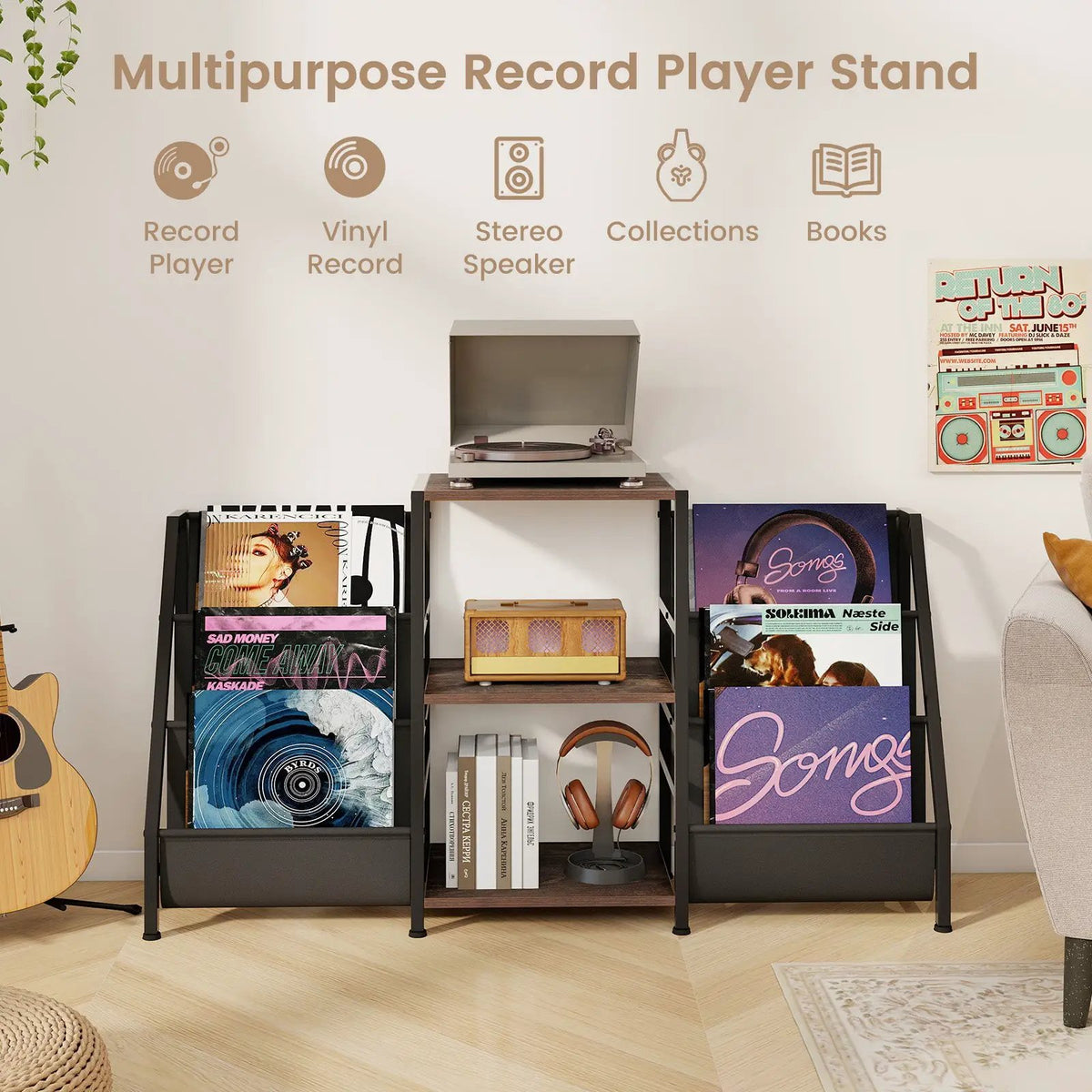 Record Player Stand for up to 200 Albums Turntable Display Stand with 3 Shelves by DirectDeals