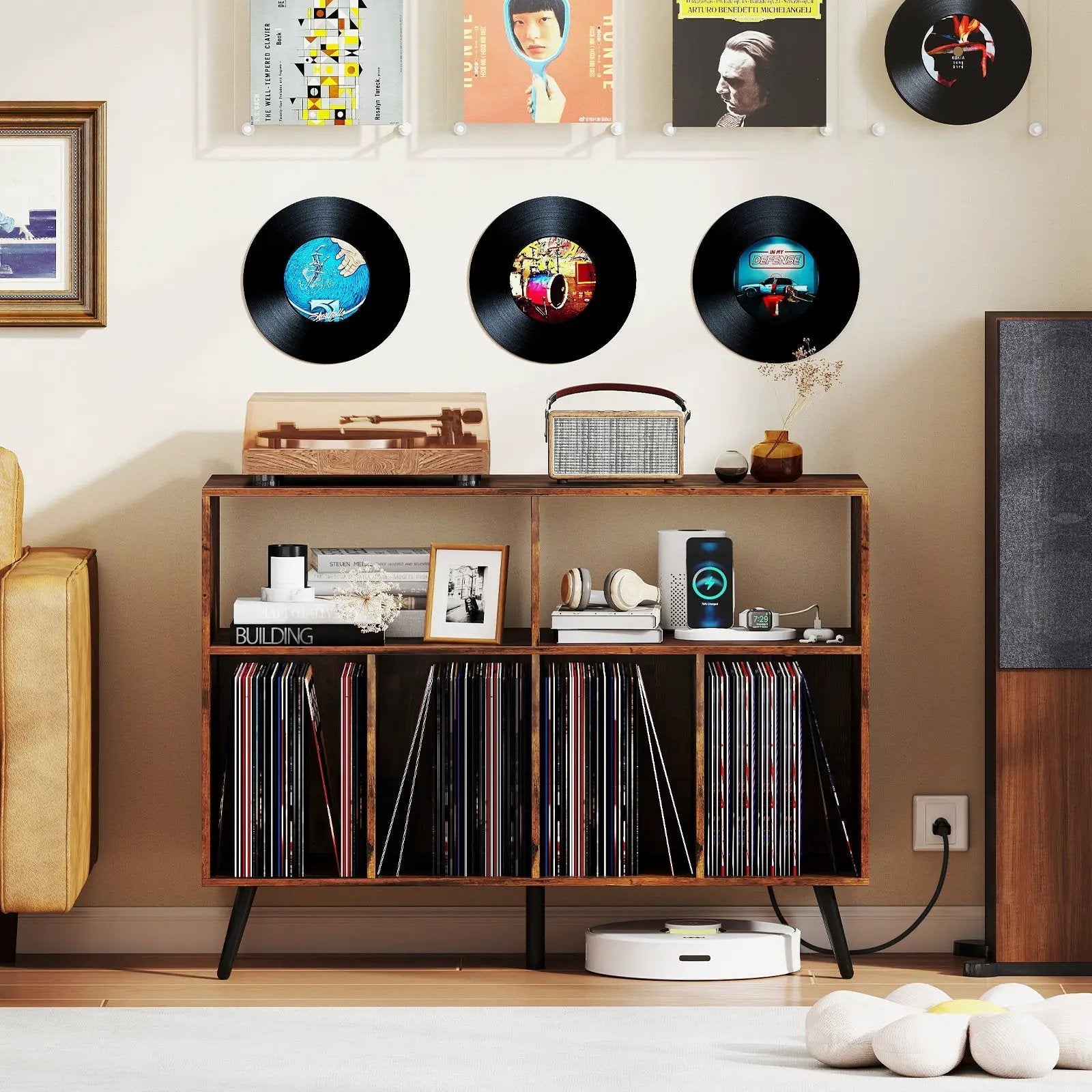 Record Player Stand with Charging Station and Open Shelves-Rustic Brown by DirectDeals