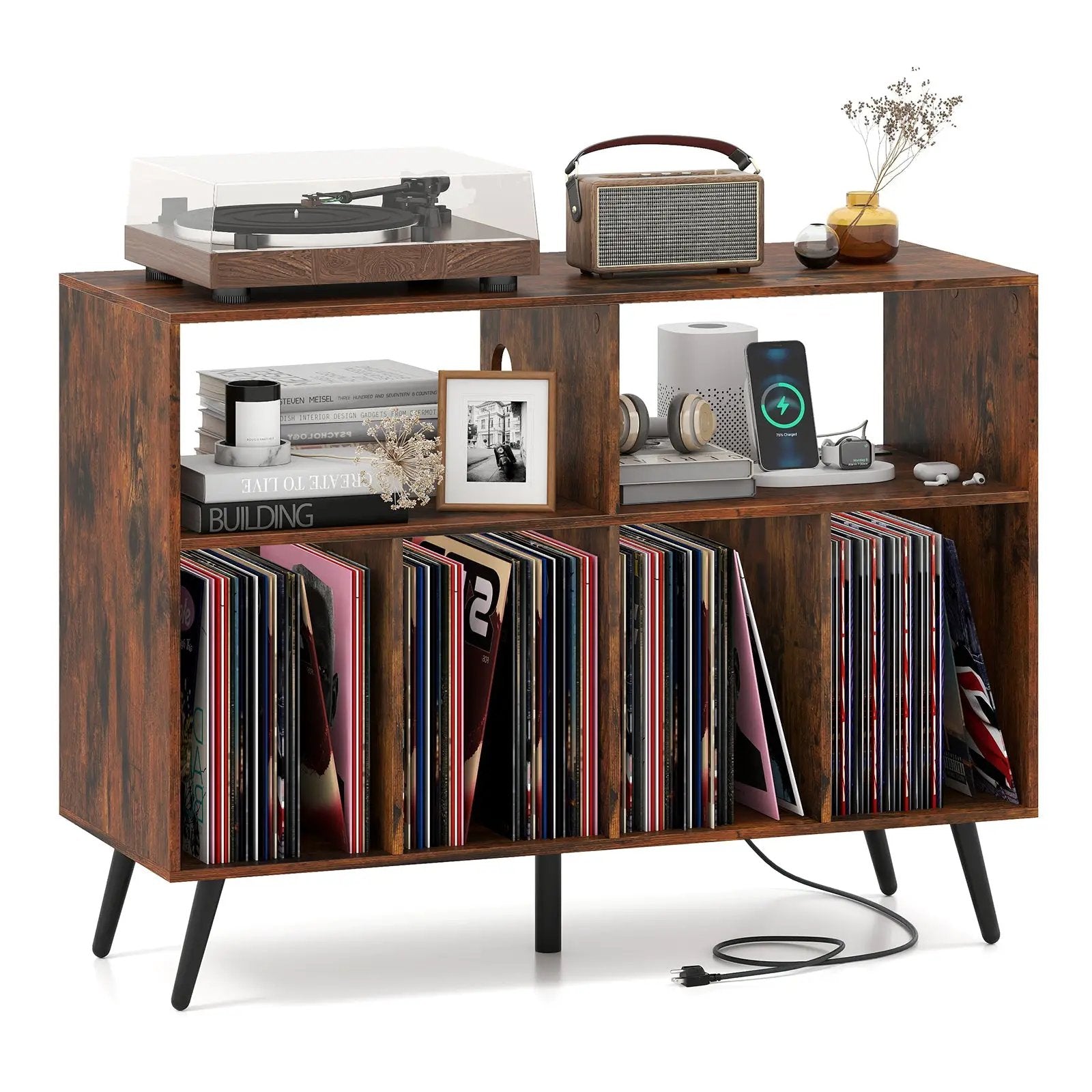 Record Player Stand with Charging Station and Open Shelves-Rustic Brown by DirectDeals
