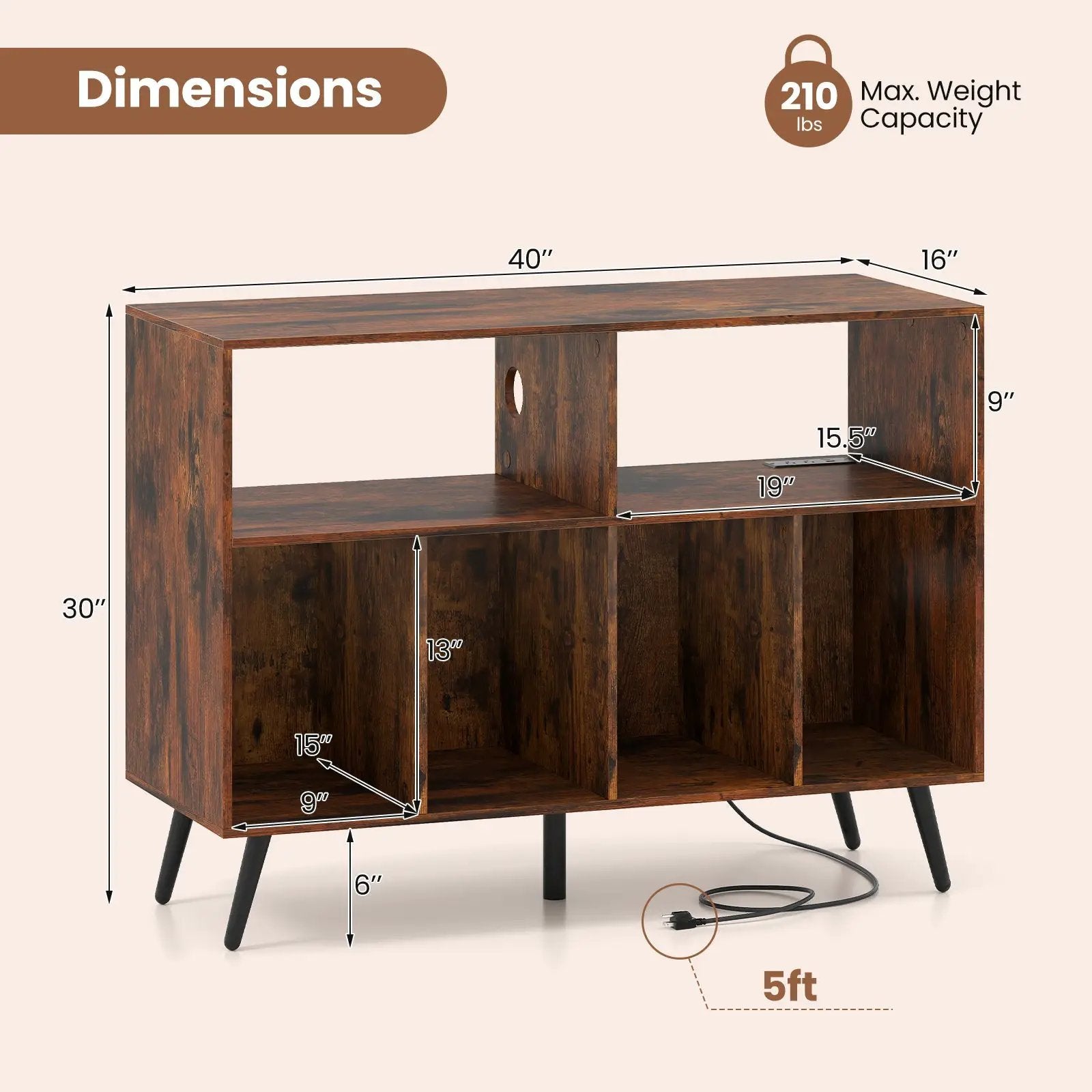 Record Player Stand with Charging Station and Open Shelves-Rustic Brown by DirectDeals
