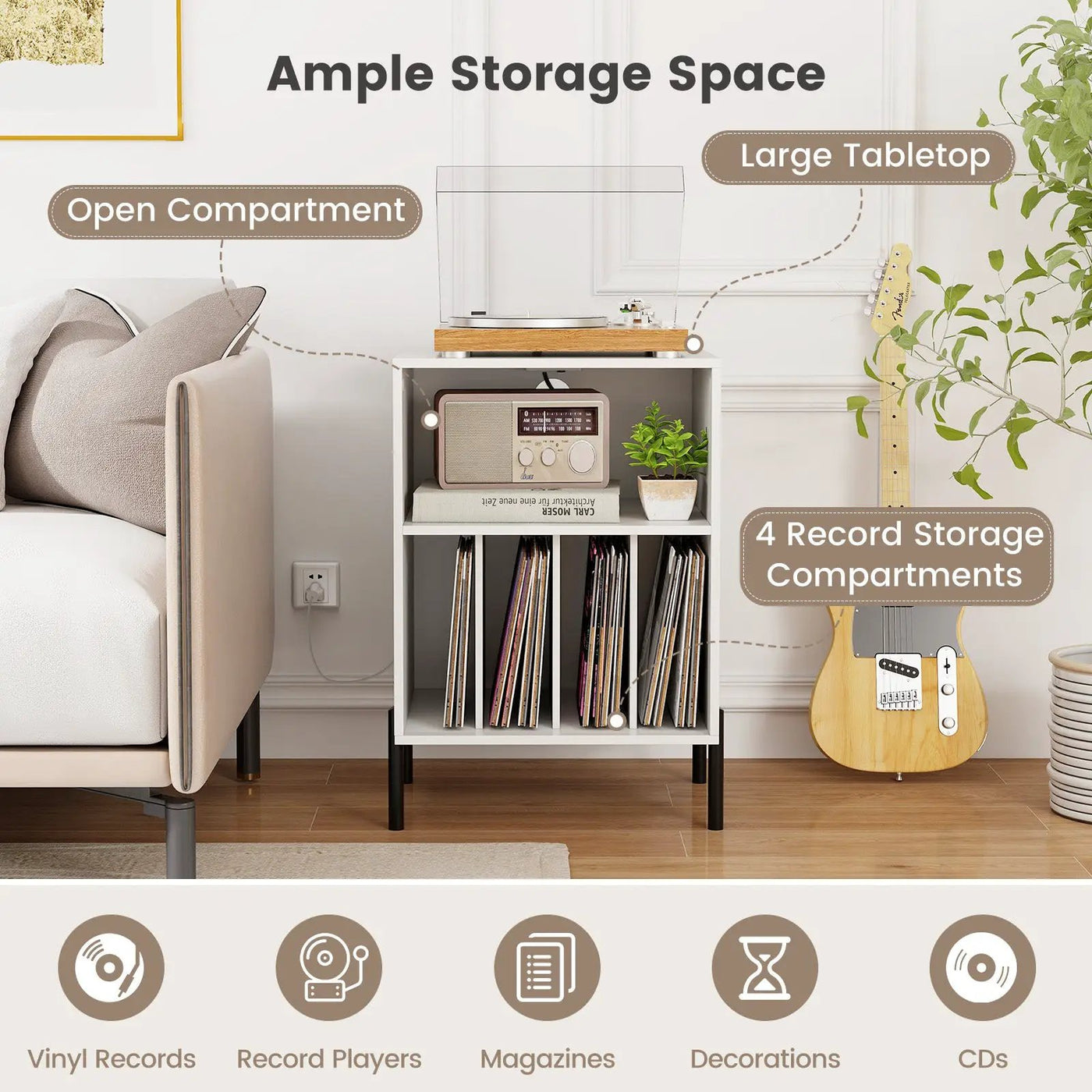 Record Player Stand with Record Storage Shelf and Charging Station by DirectDeals