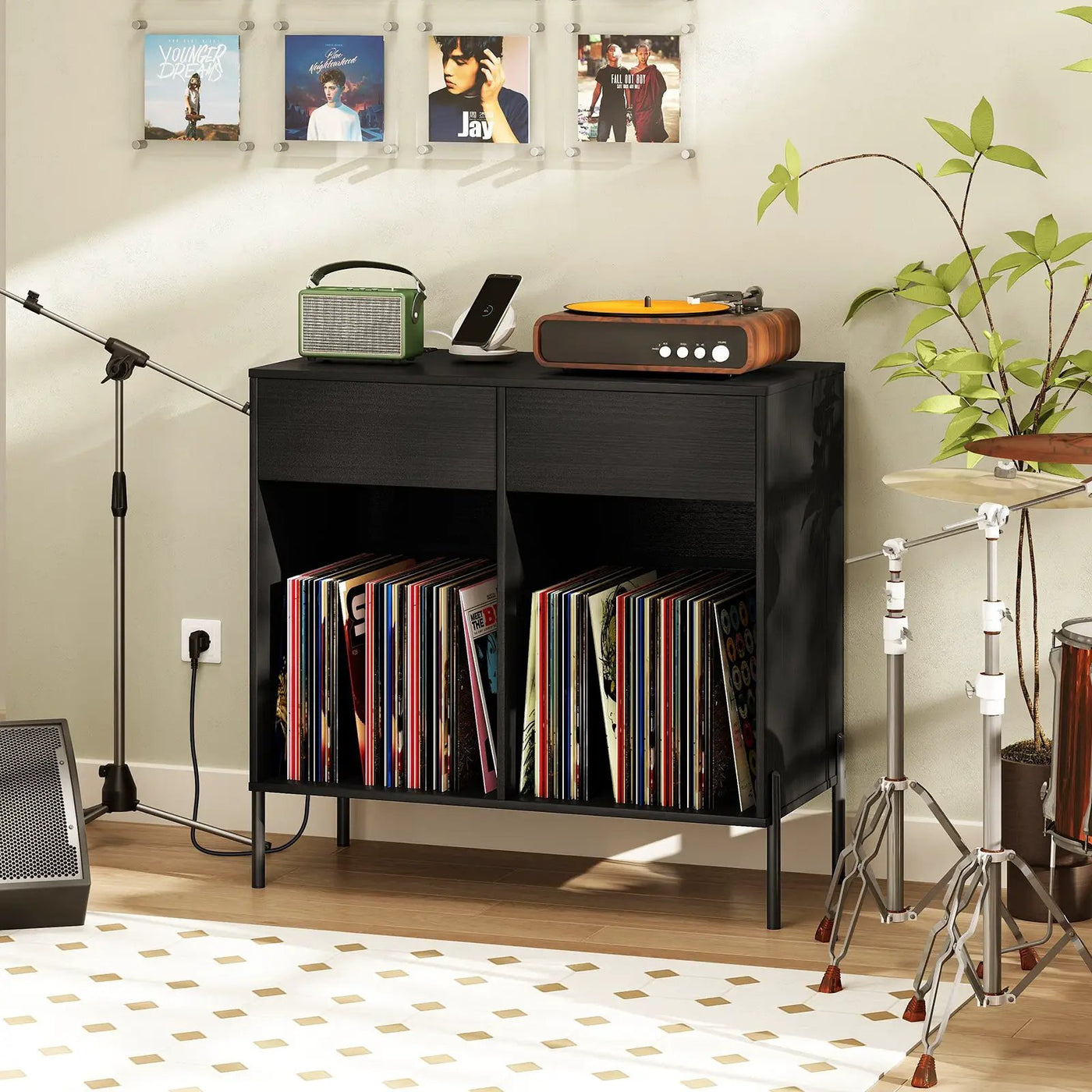 Record Player Stand with Power Outlets Double Wide Turntable Stand Vinyl Record Storage Table by DirectDeals