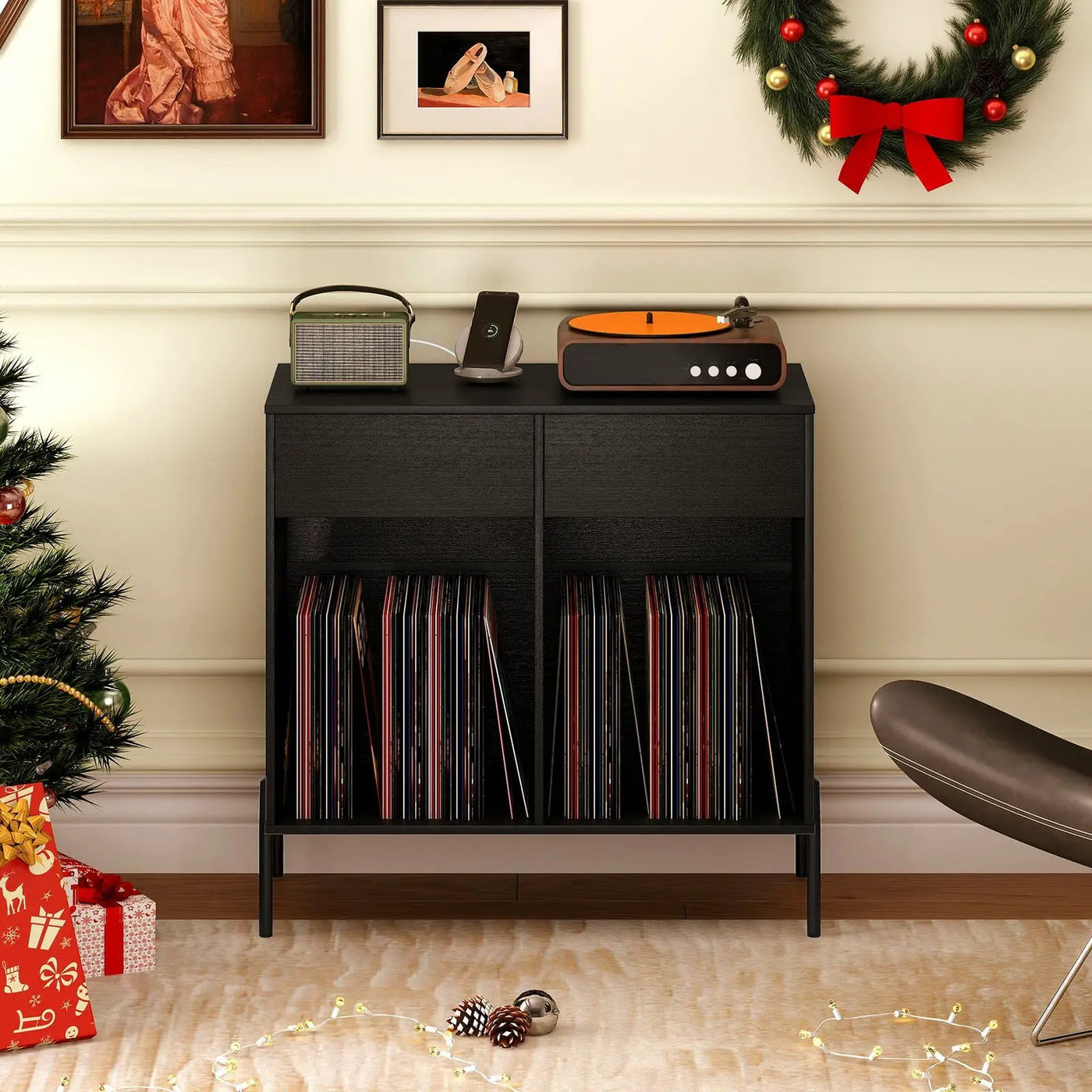 Record Player Stand with Power Outlets Double Wide Turntable Stand Vinyl Record Storage Table by DirectDeals