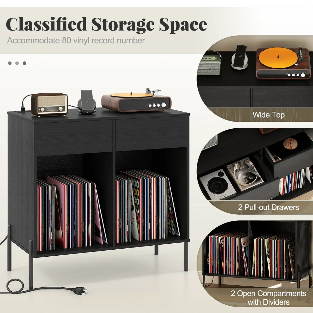 Record Player Stand with Power Outlets Double Wide Turntable Stand Vinyl Record Storage Table by DirectDeals