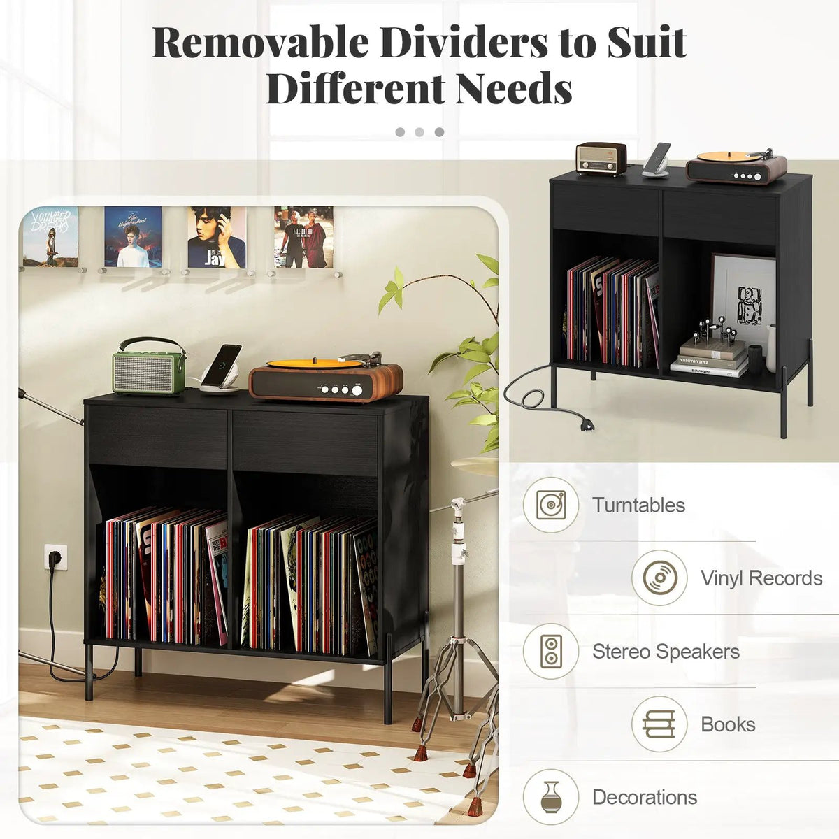 Record Player Stand with Power Outlets Double Wide Turntable Stand Vinyl Record Storage Table by DirectDeals