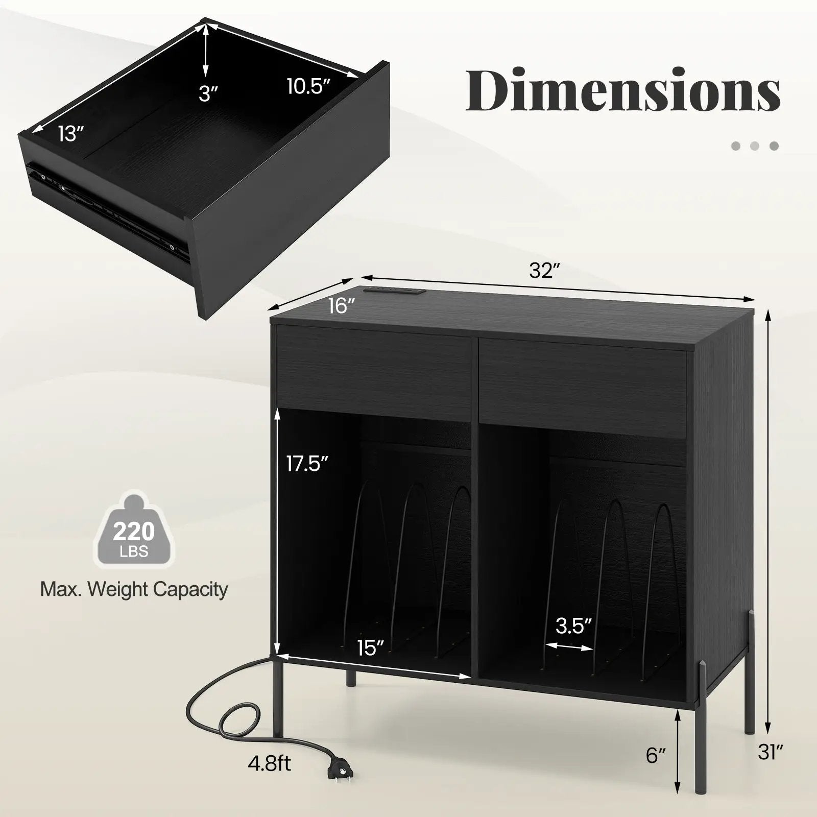 Record Player Stand with Power Outlets Double Wide Turntable Stand Vinyl Record Storage Table by DirectDeals