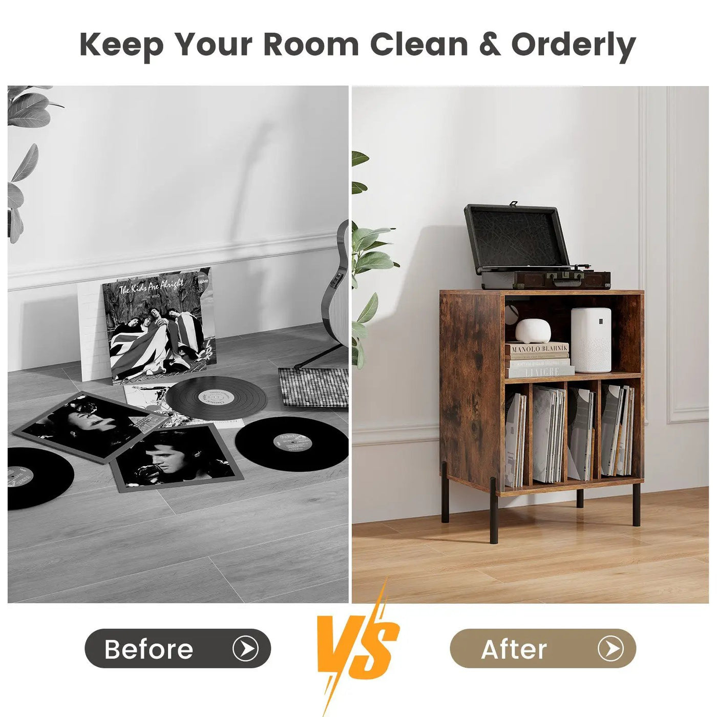 Record Player Stand with Record Storage Shelf and Charging Station by DirectDeals