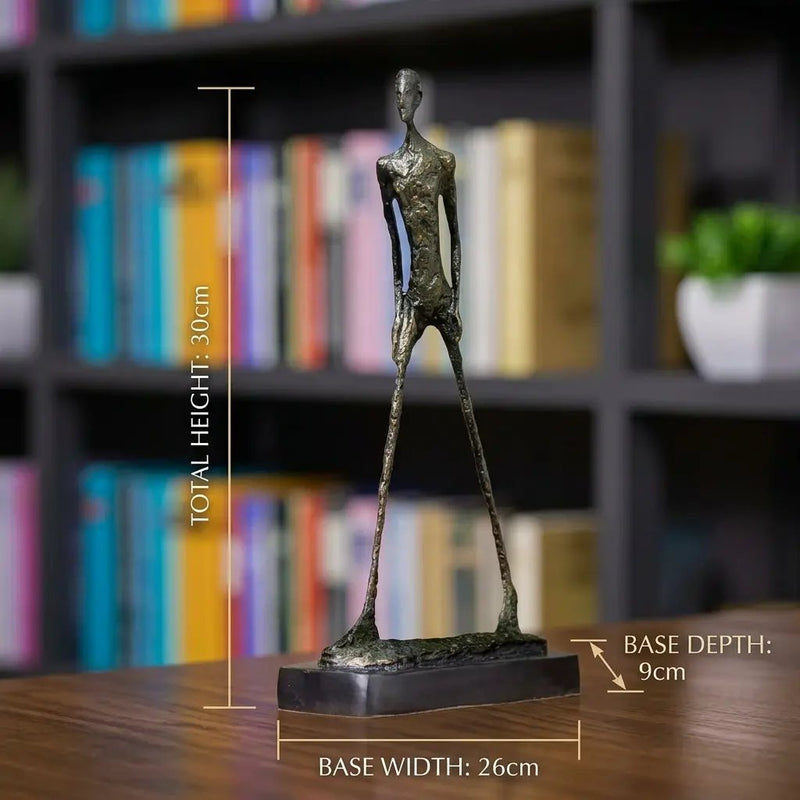 Abstract Walking Man Sculpture Modern Textured Metal Figurine, dimensions drawing