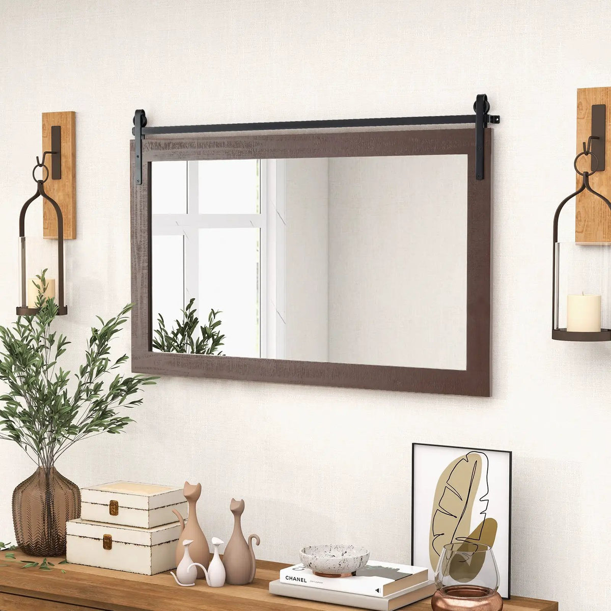 Rectangle Barn Door Style Wall Mounted Mirror with Solid Wood Frame by DirectDeals