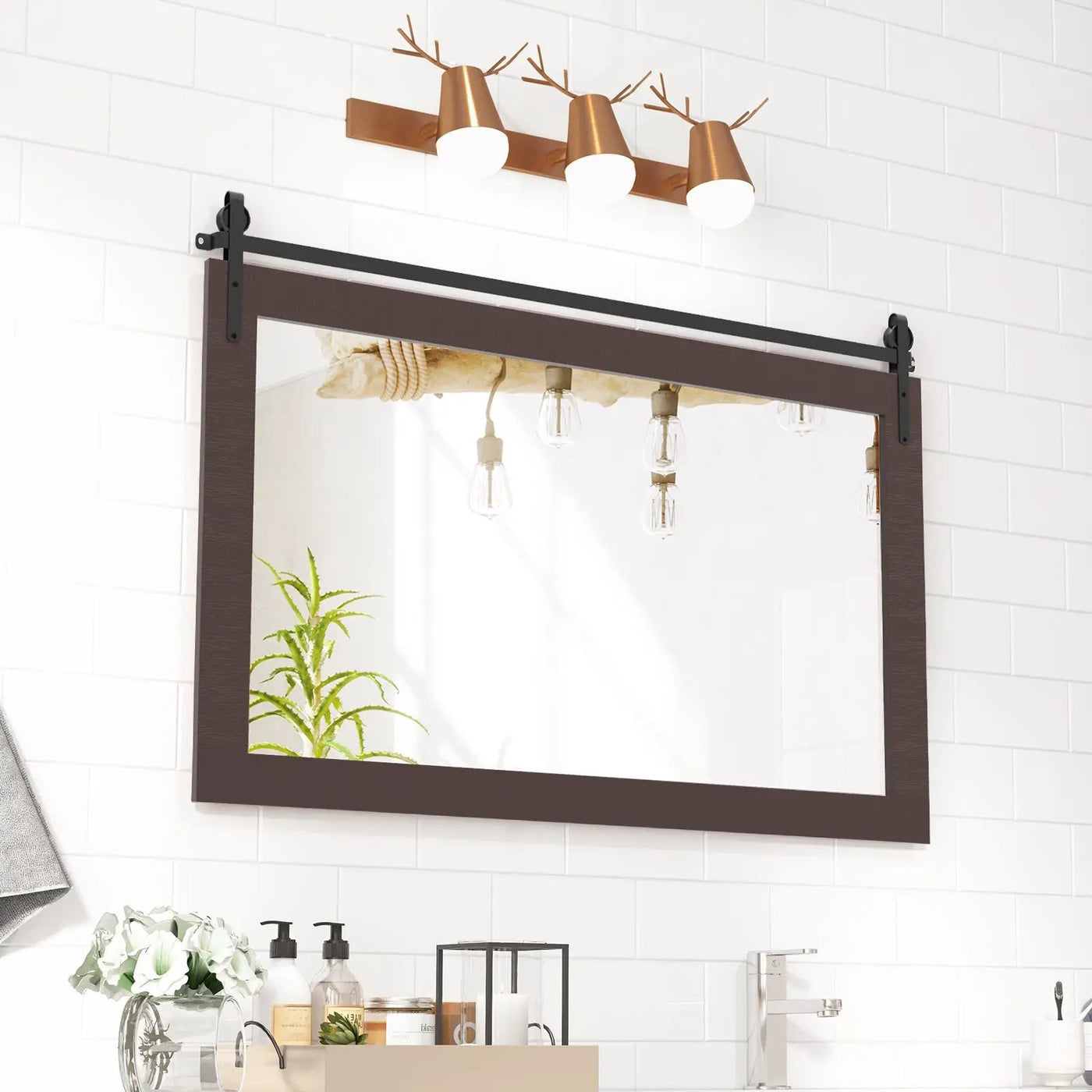 Rectangle Barn Door Style Wall Mounted Mirror with Solid Wood Frame by DirectDeals