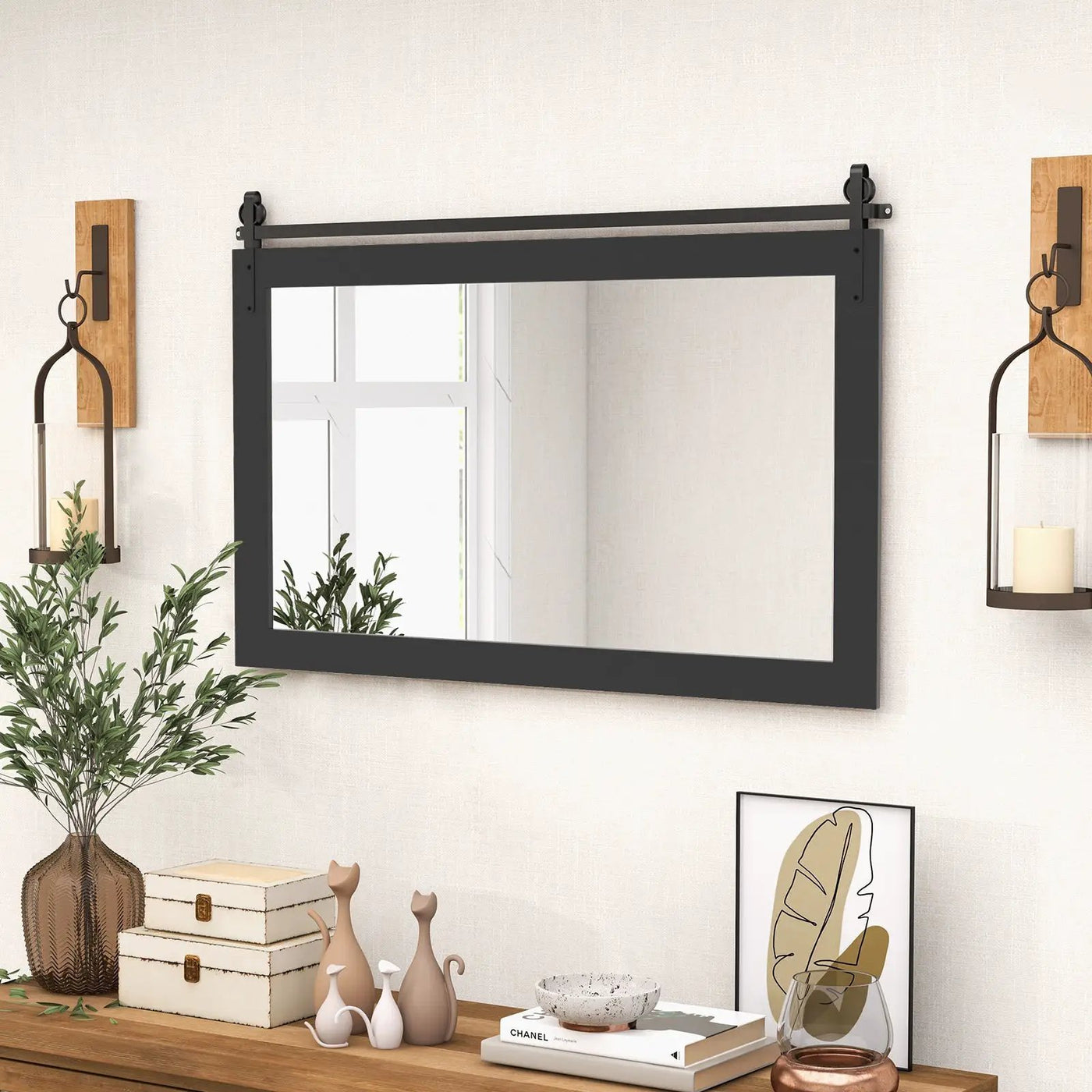 Rectangle Barn Door Style Wall Mounted Mirror with Solid Wood Frame by DirectDeals