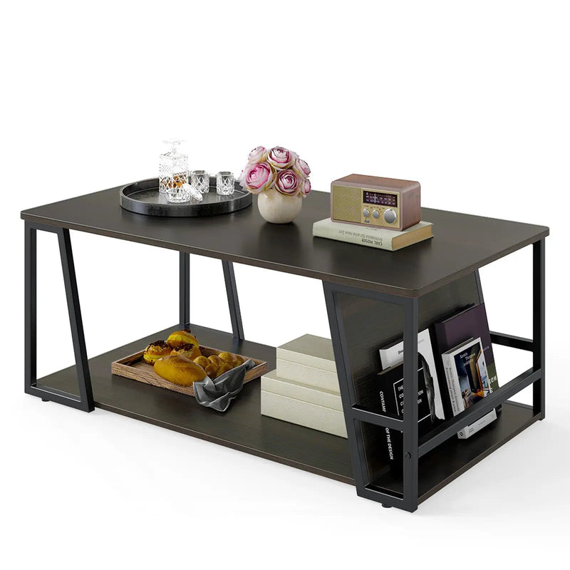 Rectangle Coffee Table 2-tier Industrial Accent Table with Storage Shelf and Compartment by DirectDeals