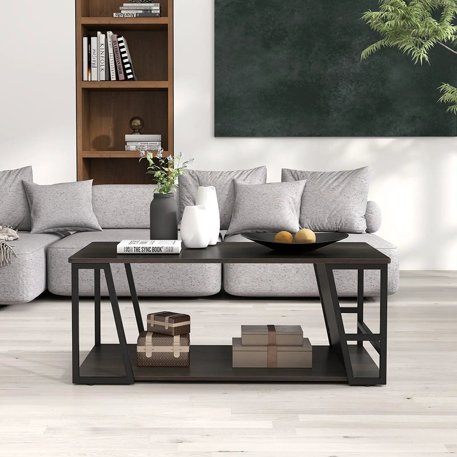 Rectangle Coffee Table 2-tier Industrial Accent Table with Storage Shelf and Compartment by DirectDeals