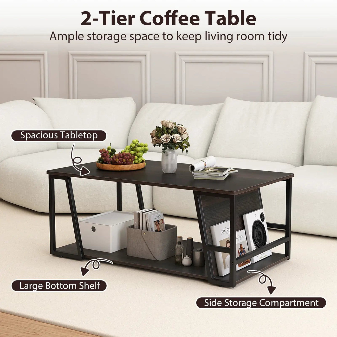 Rectangle Coffee Table 2-tier Industrial Accent Table with Storage Shelf and Compartment by DirectDeals