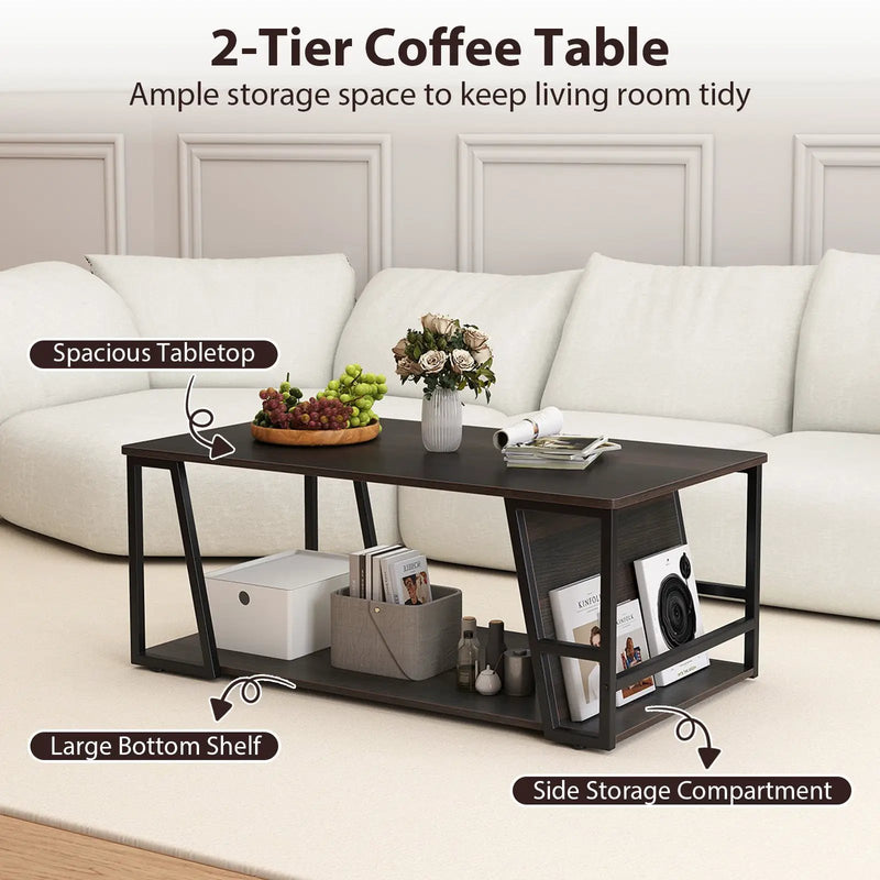 Rectangle Coffee Table 2-tier Industrial Accent Table with Storage Shelf and Compartment by DirectDeals