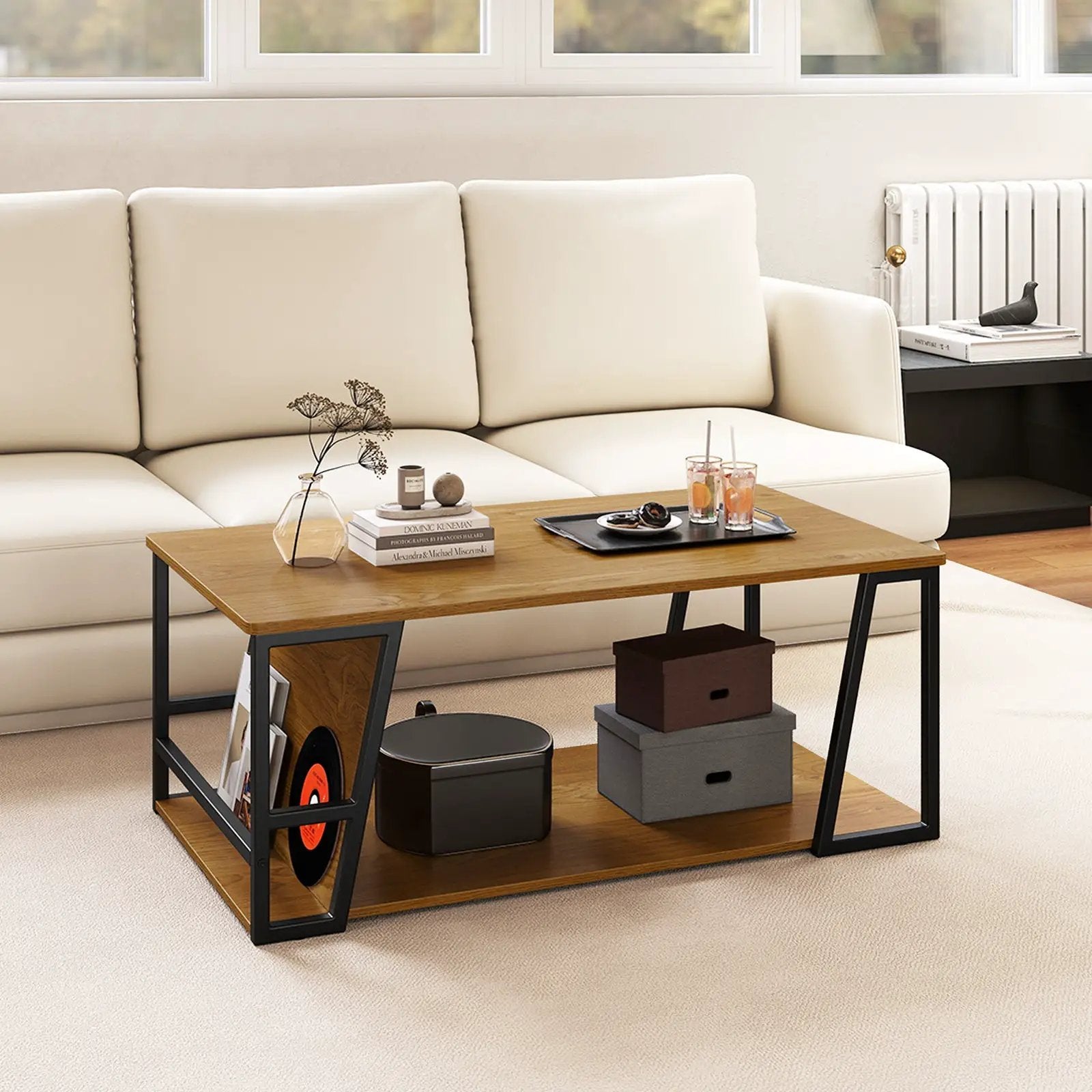 Rectangle Coffee Table 2-tier Industrial Accent Table with Storage Shelf and Compartment by DirectDeals