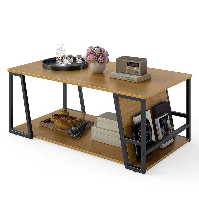 Rectangle Coffee Table 2-tier Industrial Accent Table with Storage Shelf and Compartment by DirectDeals