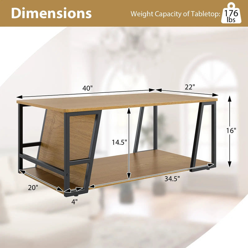 Rectangle Coffee Table 2-tier Industrial Accent Table with Storage Shelf and Compartment by DirectDeals