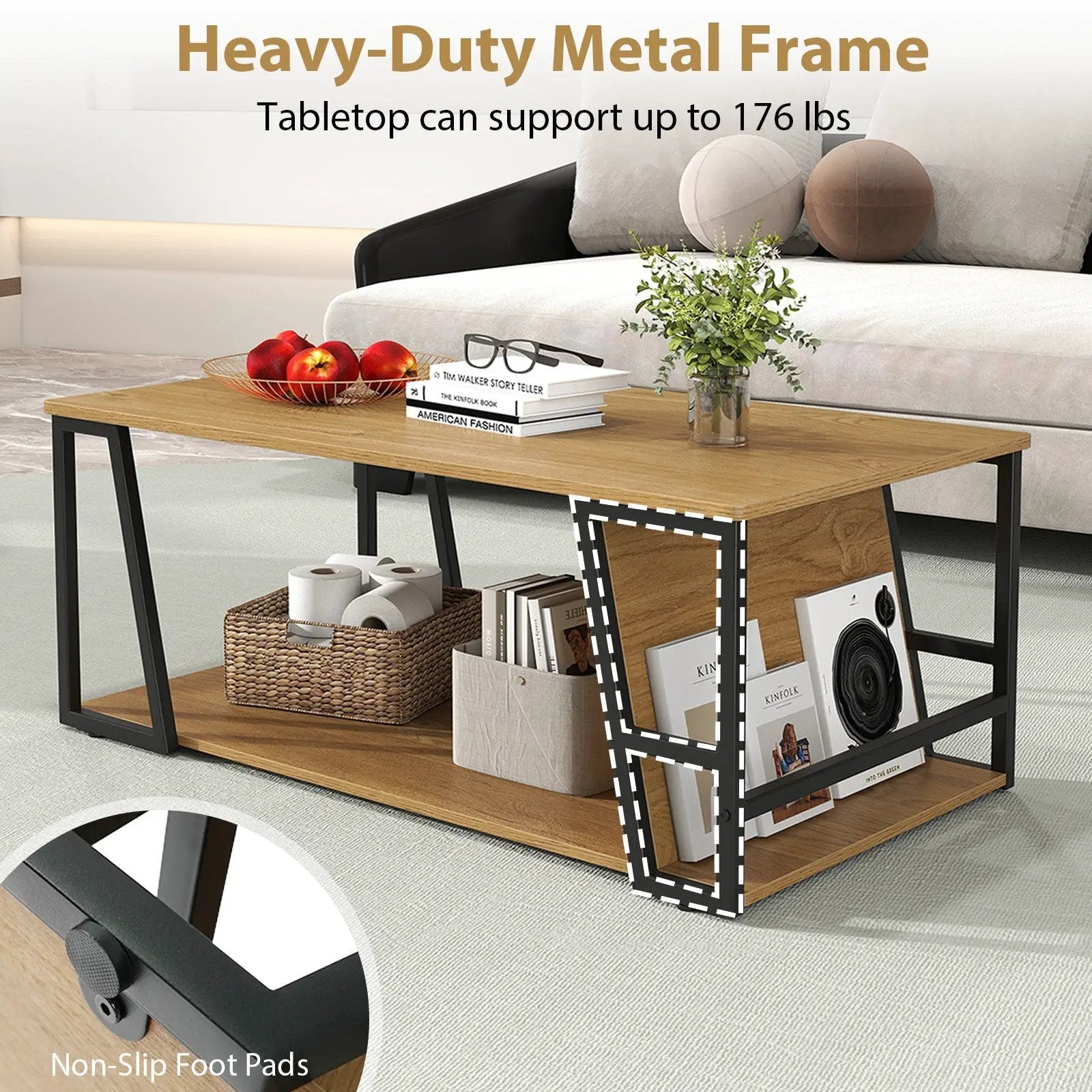 Rectangle Coffee Table 2-tier Industrial Accent Table with Storage Shelf and Compartment by DirectDeals