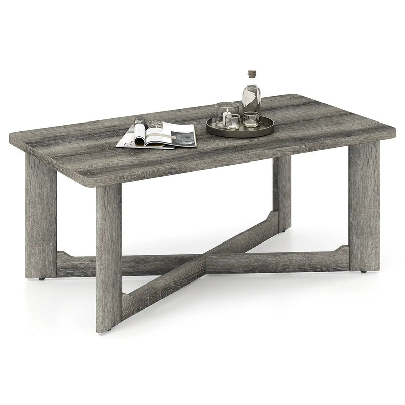 Rectangle Coffee Table Rubber Wood Base with X-Shaped Base-Gray by DirectDeals