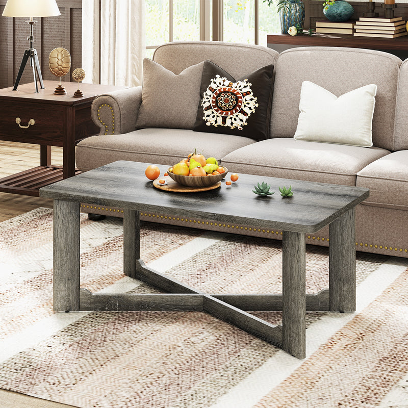Rectangle Coffee Table Rubber Wood Base with X-Shaped Base-Gray by DirectDeals
