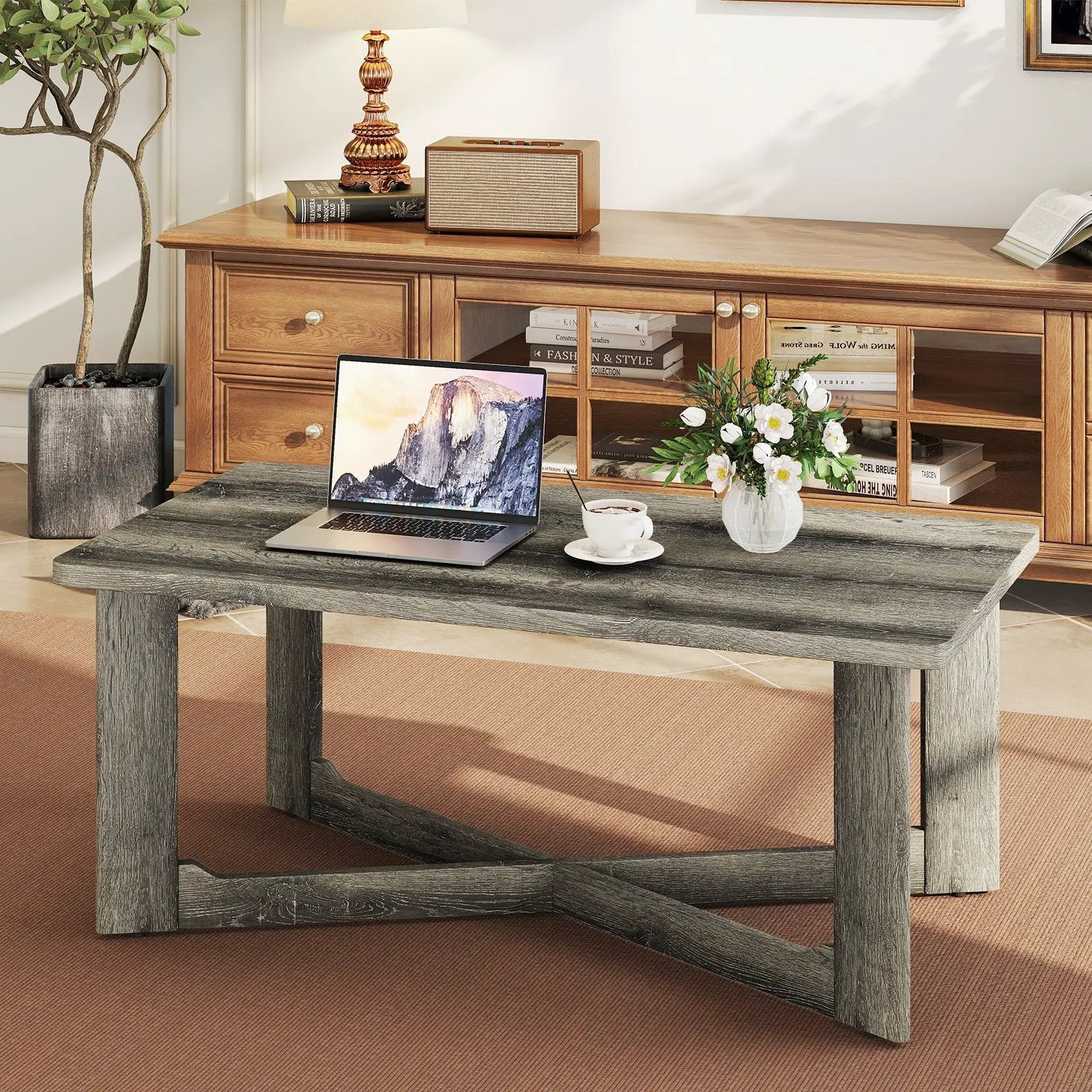 Rectangle Coffee Table Rubber Wood Base with X-Shaped Base-Gray by DirectDeals