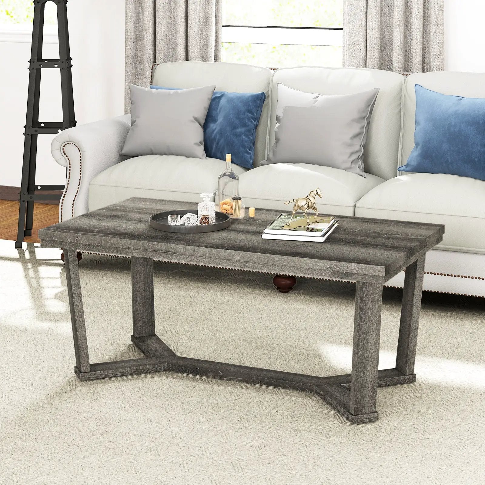 Rectangle Coffee Table Rubber Wood Base with Cross-Shaped Base-Gray by DirectDeals