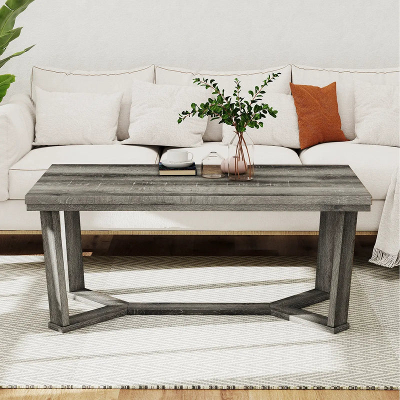 Rectangle Coffee Table Rubber Wood Base with Cross-Shaped Base-Gray by DirectDeals