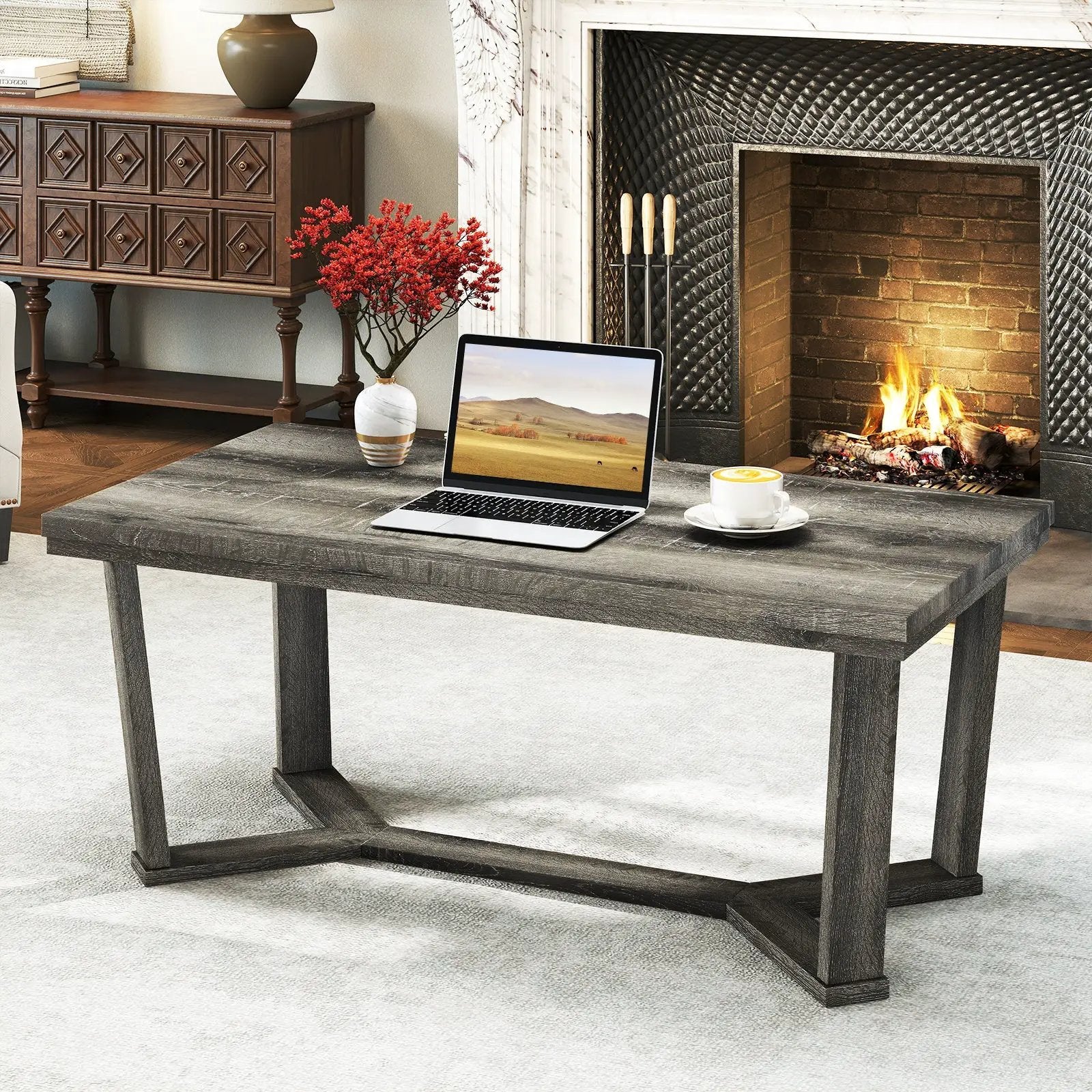 Rectangle Coffee Table Rubber Wood Base with Cross-Shaped Base-Gray by DirectDeals
