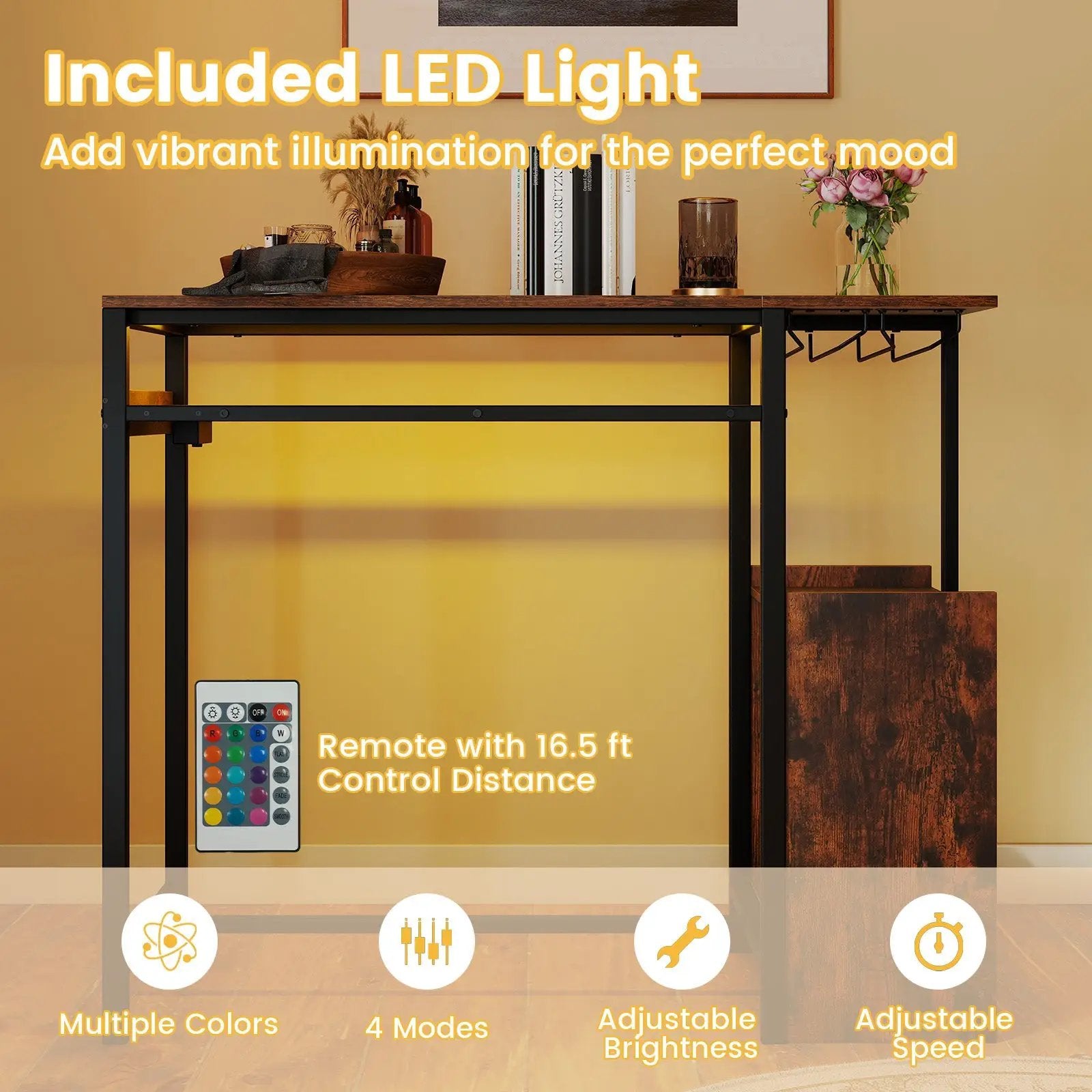 Rectangular Bar Table with Charging Station and LED Light-Rustic Brown by DirectDeals