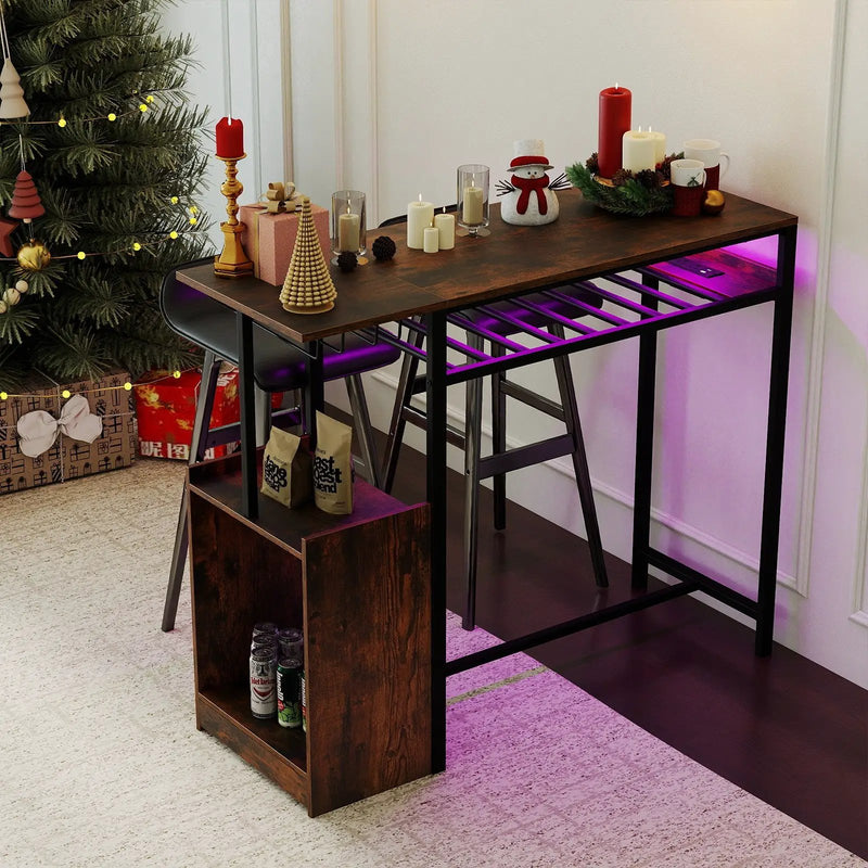 Rectangular Bar Table with Charging Station and LED Light-Rustic Brown by DirectDeals