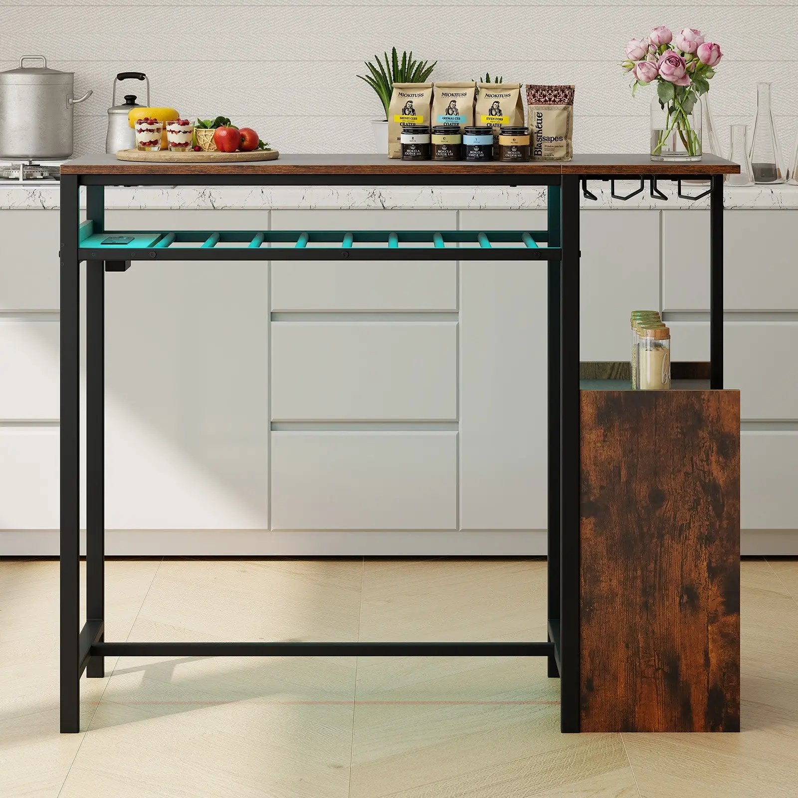 Rectangular Bar Table with Charging Station and LED Light-Rustic Brown by DirectDeals