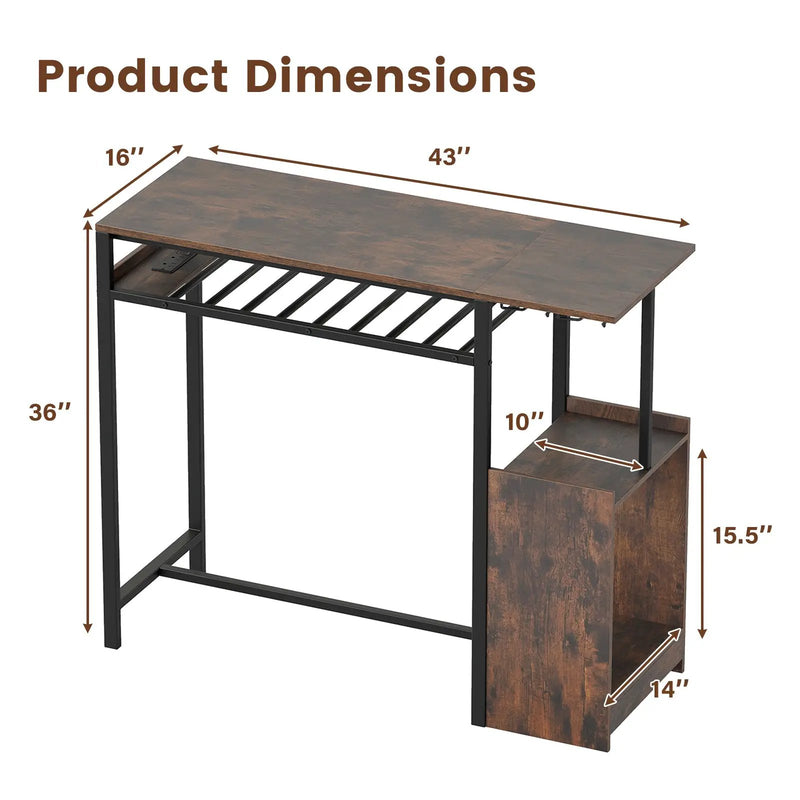 Rectangular Bar Table with Charging Station and LED Light-Rustic Brown by DirectDeals
