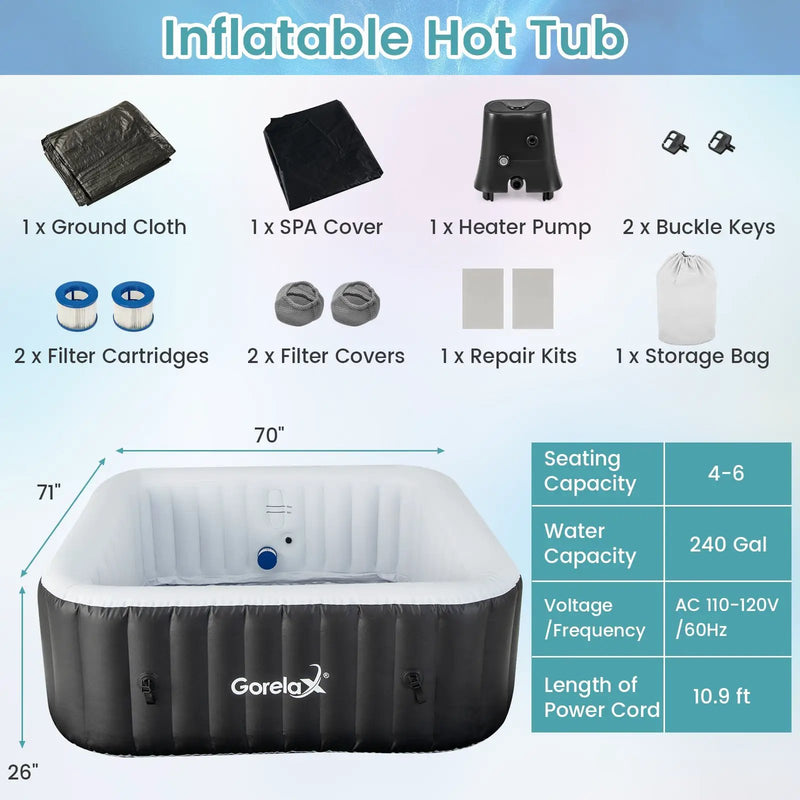 Rectangular Blowup Pool Hottub with 130 Air Jets for 4-6 Person-Black by DirectDeals